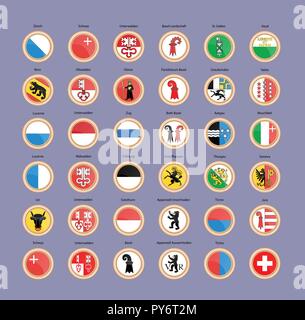 Set of vector icons. Cantons and regions of Switzerland Flags. 3D illustration Stock Vector