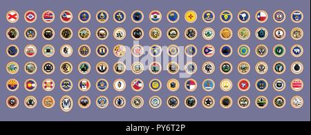 Set of vector icons. States of USA flags and seals. 3D illustration. Stock Vector