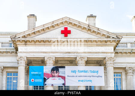 Washington DC, USA - March 9, 2018: American Red Cross chapter building facade in capital city, logo, exterior architecture, headquarters with donate, Stock Photo