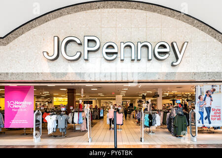 Fairfax, USA - March 13, 2018: JCPenney department outlet, retail store, shop in Fair Oaks indoor shopping mall in northern Virginia, entrance, facade Stock Photo