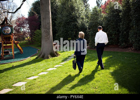 President Barack Obama walks with Secretary of State Hillary Rodham Clinton outside the Oval Office following their meeting April 9, 2009. Official White House Photo by Pete Souza Stock Photo