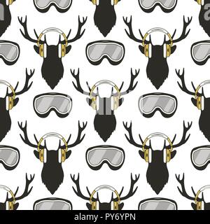 Christmas deer pattern. Funny Reideer in headphones and ski, snowboard goggles. Xmas winter seamless background. Stock vector illustration isolated on white Stock Vector