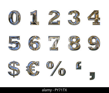 Numbers from 0 to 9 and signs made with liquid chrome effect Stock Photo