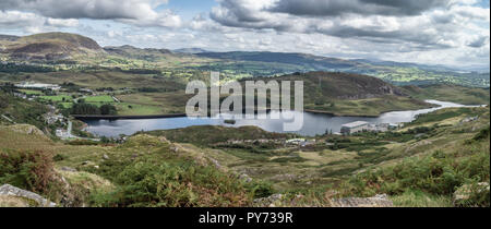 Panorama of Tanygrisiau reservoir and the surrounding area near Blaenau Ffestiniog in Snowdonia. Stock Photo