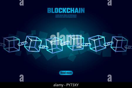 Blockchain cube chain symbol on square code big data flow information. Blue neon glowing modern trend. Cryptocurrency finance bitcoin business concept vector illustration background template Stock Vector