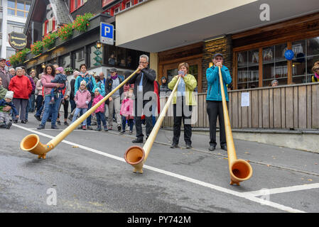 Engelberg, Switzerland - 29 September 2018: Music with alphorn at the annual transhumance at Engelberg on the Swiss alps Stock Photo