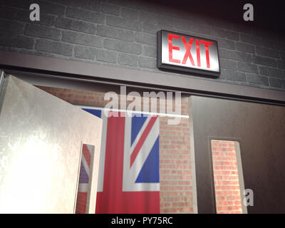 Glowing red exit sign above an open door and in the background the flag of the United Kingdom in reference to Brexit, UK leaving the European Union. Stock Photo