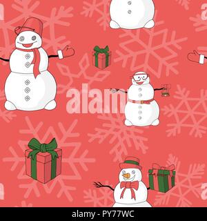 Funny snowmans, giftboxes and snowflakes vector pattern Stock Vector
