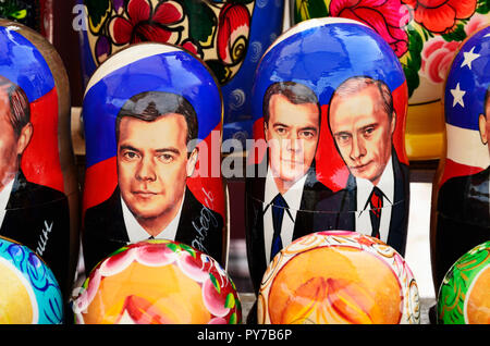Matryoshka doll with the faces of the heads of state. Soviet memorabilia in a street market. Vyborg, Vyborgsky District, Leningrad Oblast, Russia, Rus Stock Photo