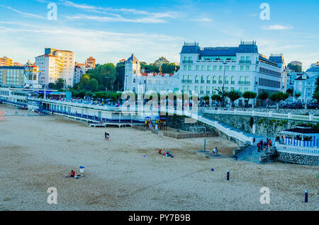 View of the Santander Bay and El Sardinero Beach, with Casino and the Grand Hotel Sardinero in italy' square - Plaza de Italia. Santander, Cantabria,  Stock Photo