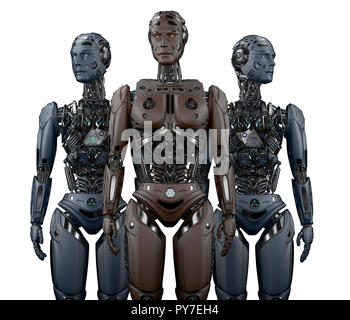 Group of robots or very detailed futuristic cyborgs. Three humanoids standing and looking around. Front view on white background 3D illustration Stock Photo