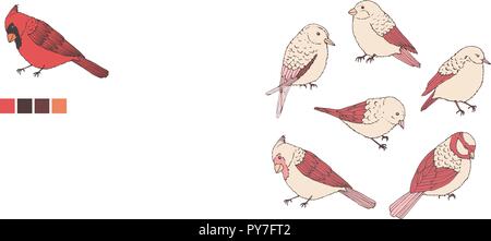 Hand drawn vector birds line art set. Cute little creatures in pastel colors isolated on white background. Wildlife contours. Stock Vector