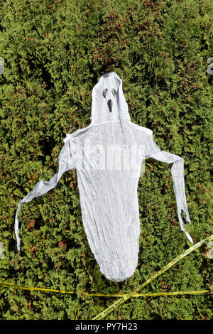 Halloween ghost decoration hanging from a green hedge in the garden of a house Stock Photo