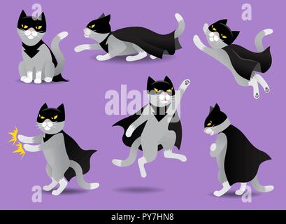 Set of superhero cat in black mask and cloak Stock Vector