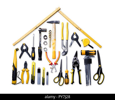 High Angle View Of Various Worktools On White Background Stock Photo