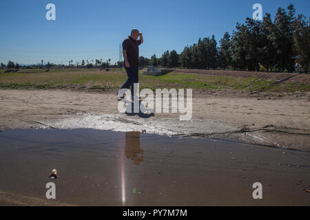 Hydrogeologist  surveying Rio Hondo Spreading Grounds, Water Replenishment District – WRD, Pico Rivera, Los Angeles County Stock Photo