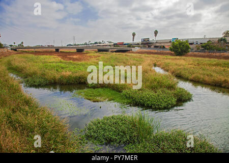 Tertiary-treated recycled water from the San Jose Creek Water Reclamation Plant is diverted to the unlined San Gabriel River for infiltration into the Stock Photo