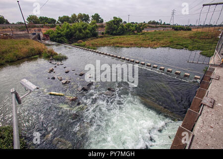 Tertiary-treated recycled water from the San Jose Creek Water Reclamation Plant is diverted to the unlined San Gabriel River for infiltration into the Stock Photo