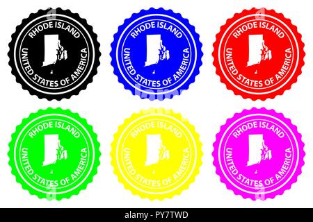 Rhode Island - rubber stamp - vector, Rhode Island (United States of America) map pattern - sticker - black, blue, green, yellow, purple and red Stock Vector