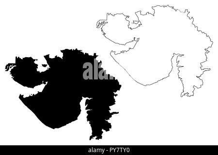 Gujarat (States and union territories of India, Federated states, Republic of India) map vector illustration, scribble sketch Gujarat state map Stock Vector