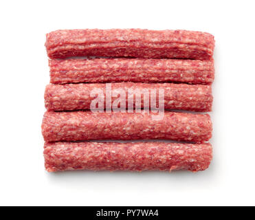 Top view of fresh raw beef kebabs isolated on white Stock Photo
