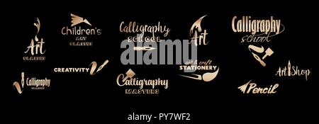 Art classes golden lettering logo design set. Calligraphy school and masters with bronze hand fonts. Gold metal logo collection on black background. Art and creativity logotypes. Isolated vector Stock Vector