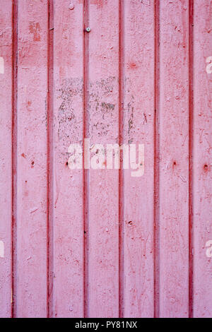 An old distressed wooden vertical plank texture with dry peeling pink paint and small nails. Pink paint wood wall or fence background Stock Photo