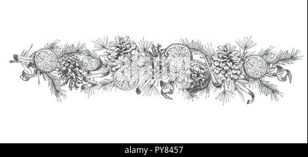 Christmas garland Realistic Botanical ink sketch of fir tree branches with pine cone isolated on white background. Good idea for design templates invitations, greeting cards. Vector illustrations Stock Vector