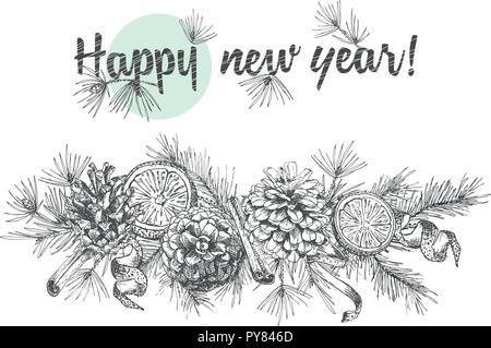 Christmas garland Realistic Botanical ink sketch of fir tree branches with pine cone isolated on white background. Good idea for design templates invitations, greeting cards. Vector illustrations Stock Vector