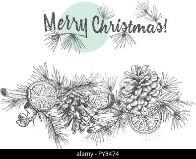 Christmas garland Realistic Botanical ink sketch of fir tree branches with pine cone isolated on white background. Good idea for design templates invitations, greeting cards. Vector illustrations Stock Vector