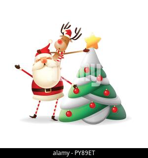 Santa Claus and Reindeer put star on the top of Christmas tree - Reindeer on Santa´s beck - isolated Stock Vector