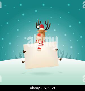 Cute Reindeer jumping with board on winter landscape - Christmas template poster Stock Vector