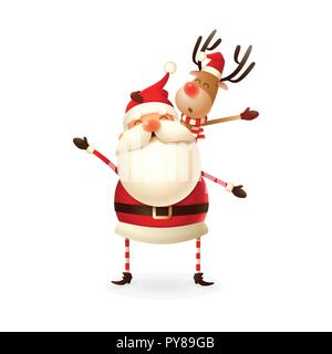 Happy expresion of Santa Claus and Reindeer -  they jumping straight up and bring their heels  claping together right under on winter landscape - Chri Stock Vector