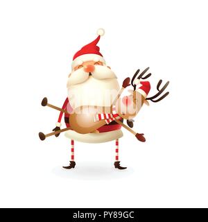 Santa Claus carries a Reindeer on his hands - Happy cute illustration Stock Vector