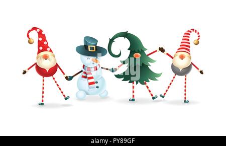 Happy friends celebrate Winter Solstice, Christmas and New Year. Scandinavian gnomes and snowman Stock Vector