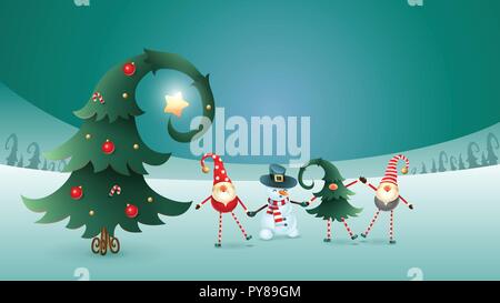Happy friends celebrate Winter Solstice, Christmas and New Year. Scandinavian gnomes and snowman with decorated christmas tree Stock Vector