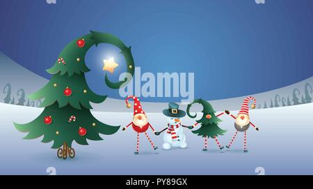 Happy friends celebrate Winter Solstice, Christmas and New Year. Scandinavian gnomes and snowman with decorated christmas tree. Blue winter landscape Stock Vector