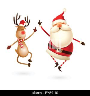 Happy expresion of Santa Claus and Reindeer -  they jumping straight up and bring their heels  clapping together right under Stock Vector