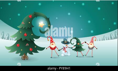 Friends celebrate Winter Solstice, Christmas and New Year. Scandinavian gnomes and snowman with decorated christmas tree. Turquoise snowy winter lands Stock Vector