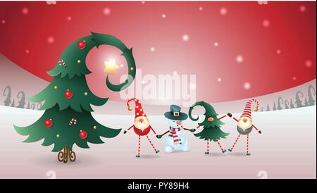 Friends celebrate Winter Solstice, Christmas and New Year. Scandinavian gnomes and snowman with decorated christmas tree. Red winter landscape Stock Vector
