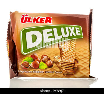 Winneconne, WI - 25 October 2018:  A package of Ulker deluxe hazelnut wafers from Turkey on an isolated background. Stock Photo