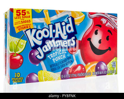 Winneconne, WI - 23 September 2018: A package of Kool-Aid Jammers in tropical punch flavor on an isolated background Stock Photo