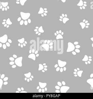 Vector illustration of a seamless pattern of white wild animal paws on a gray background. Stock Vector