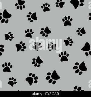 Vector illustration of a seamless pattern of black wild animal paws on a gray background. Stock Vector