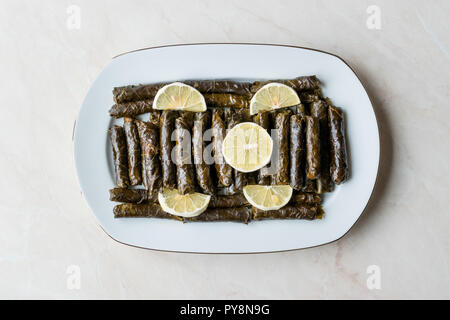 Stuffed Grape leaves with olive oil and Lemon / Zeytinyagli Yaprak Sarma Dolma. Traditional Organic Food. Stock Photo