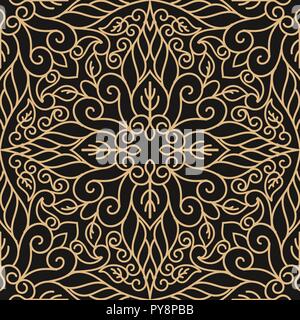 luxury seamless pattern with gold mandala on black background with vintage, retro, oriental style design Stock Vector