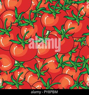 Red tomato seamless pattern on red background perfect for wallpaper, texture, fabric, textile, and surface design. Hand drawn vector illustration. Stock Vector
