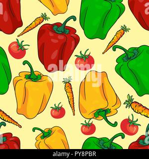 Seamless pattern vegetables with peppers, tomatoes, and carrots. Realistic hand drawing vector background for wallpaper, texture, fabric, textile, and Stock Vector