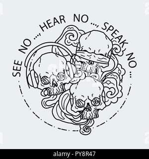 See no, hear no, speak no. Composition of three skulls. Vector illustration of black and white tattoo graphic human skull. Lined symbol Stock Vector