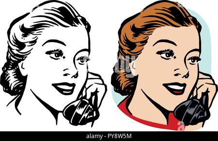 A woman has a conversation on a vintage telephone. Stock Vector